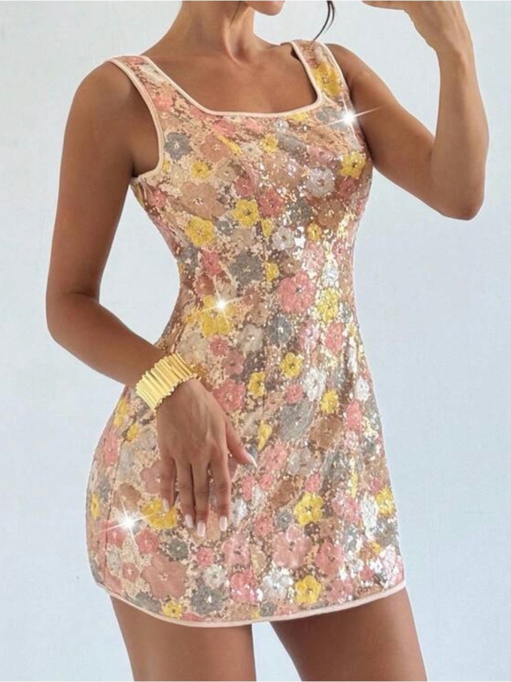Floral Sequin Square Neck Dress Medium